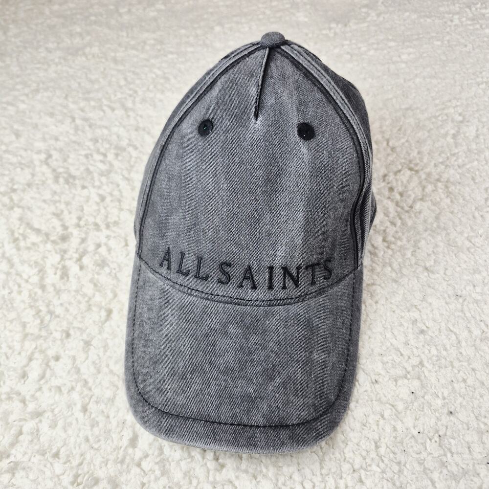 AllSaints Large Logo Baseball Cap Gray Washed Cotton Adjustable Leather Strap